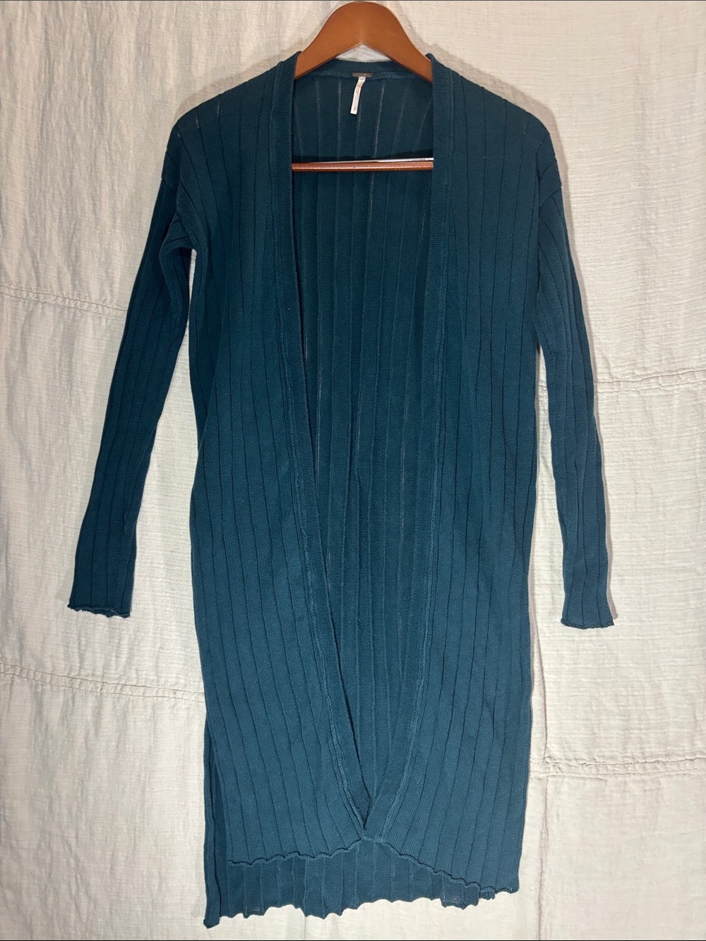Free People Ribby Rib Linen Cotton Blend Duster Cardigan Teal Green S EUC